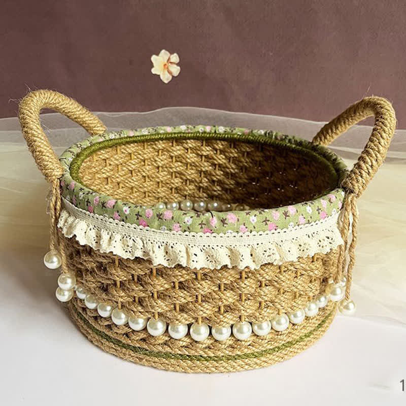 Hand-Woven Rustic Floral Lace Pearl Storage Basket