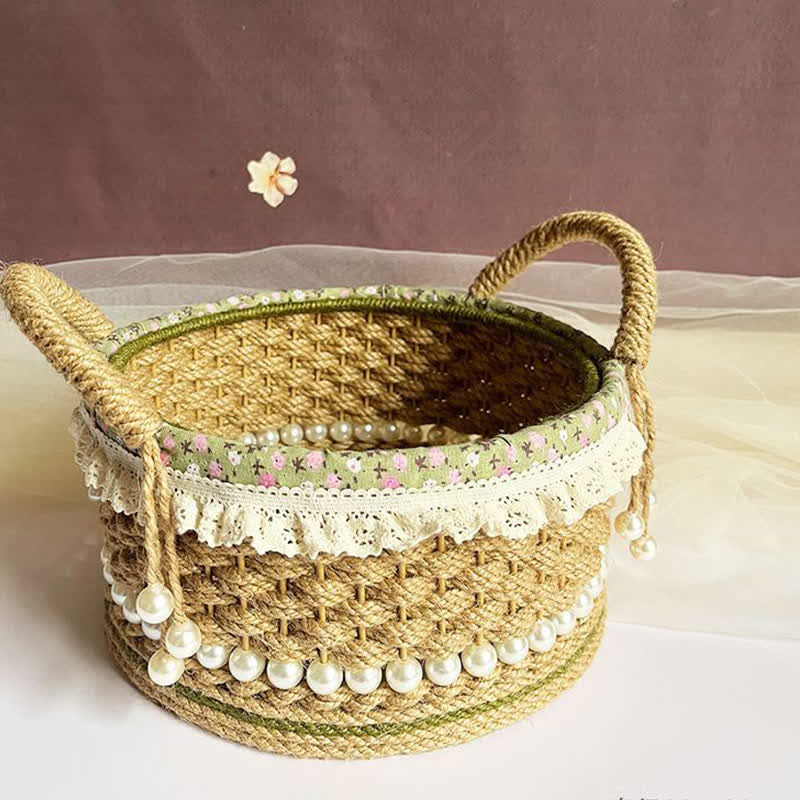 Hand-Woven Rustic Floral Lace Pearl Storage Basket