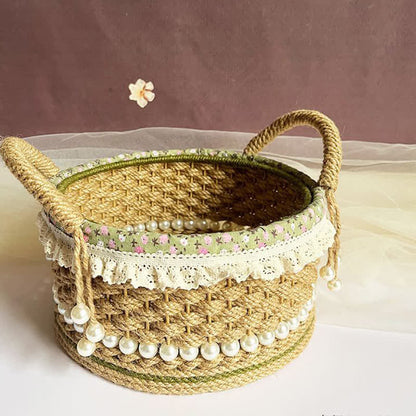 Hand-Woven Rustic Floral Lace Pearl Storage Basket
