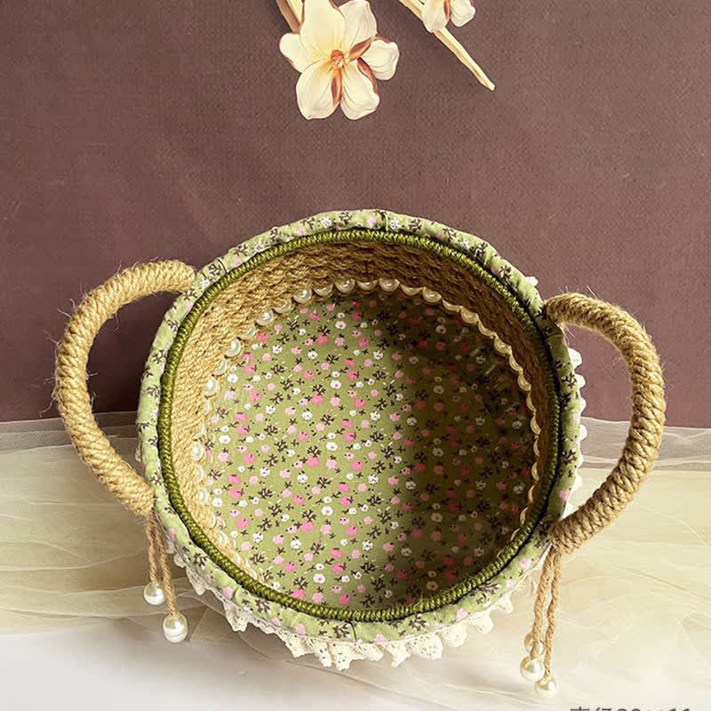 Hand-Woven Rustic Floral Lace Pearl Storage Basket
