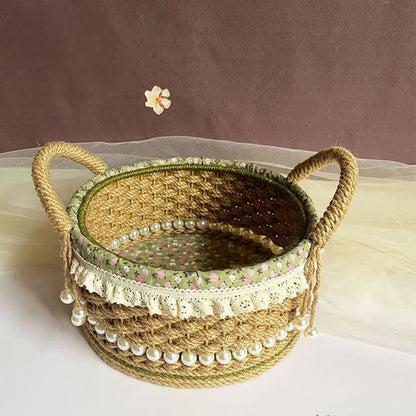 Hand-Woven Rustic Floral Lace Pearl Storage Basket